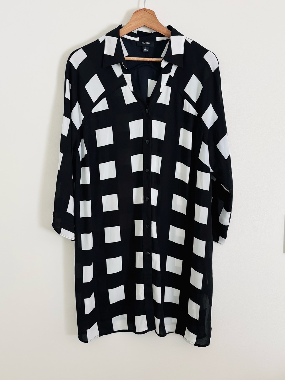 Alfani Button-Down Blouse Tunic in Black & White Grid Print